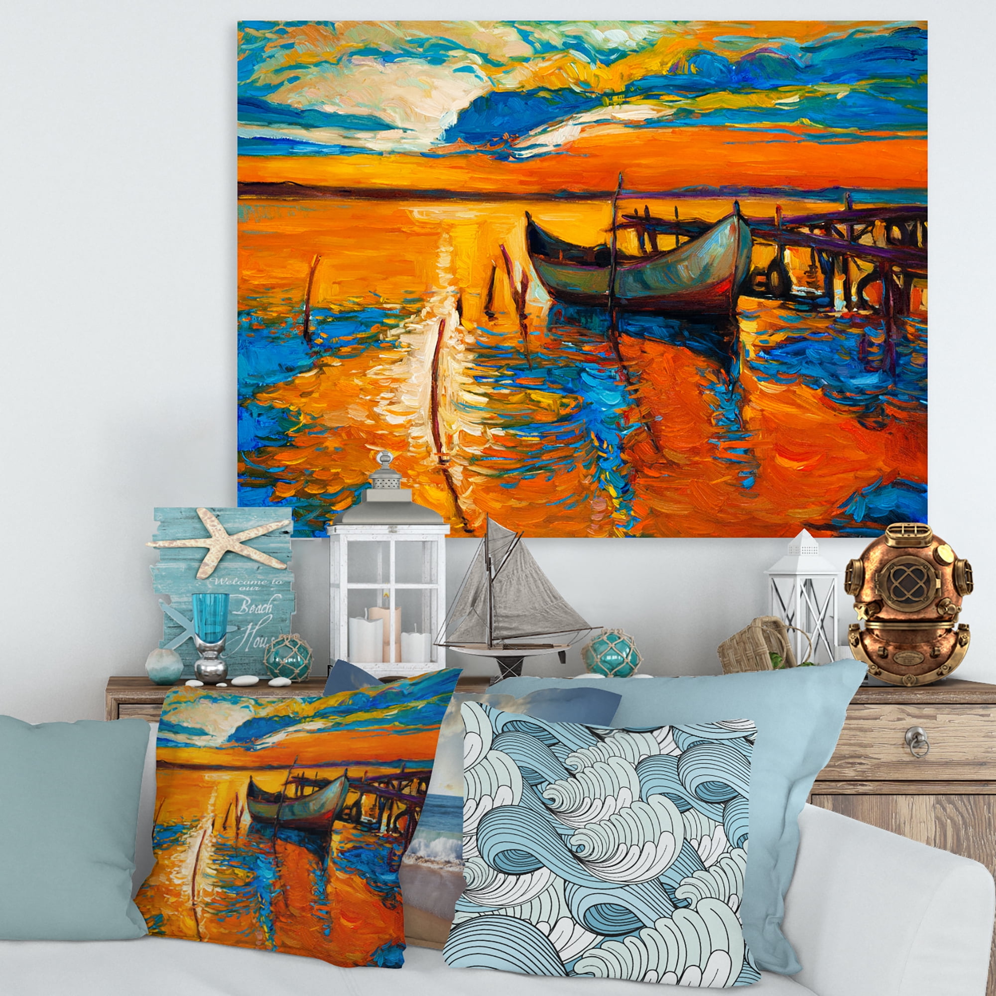 Designart ' Boat At The Lake During Evening Glow VII ' Nautical & Coastal Canvas Wall Art Print
