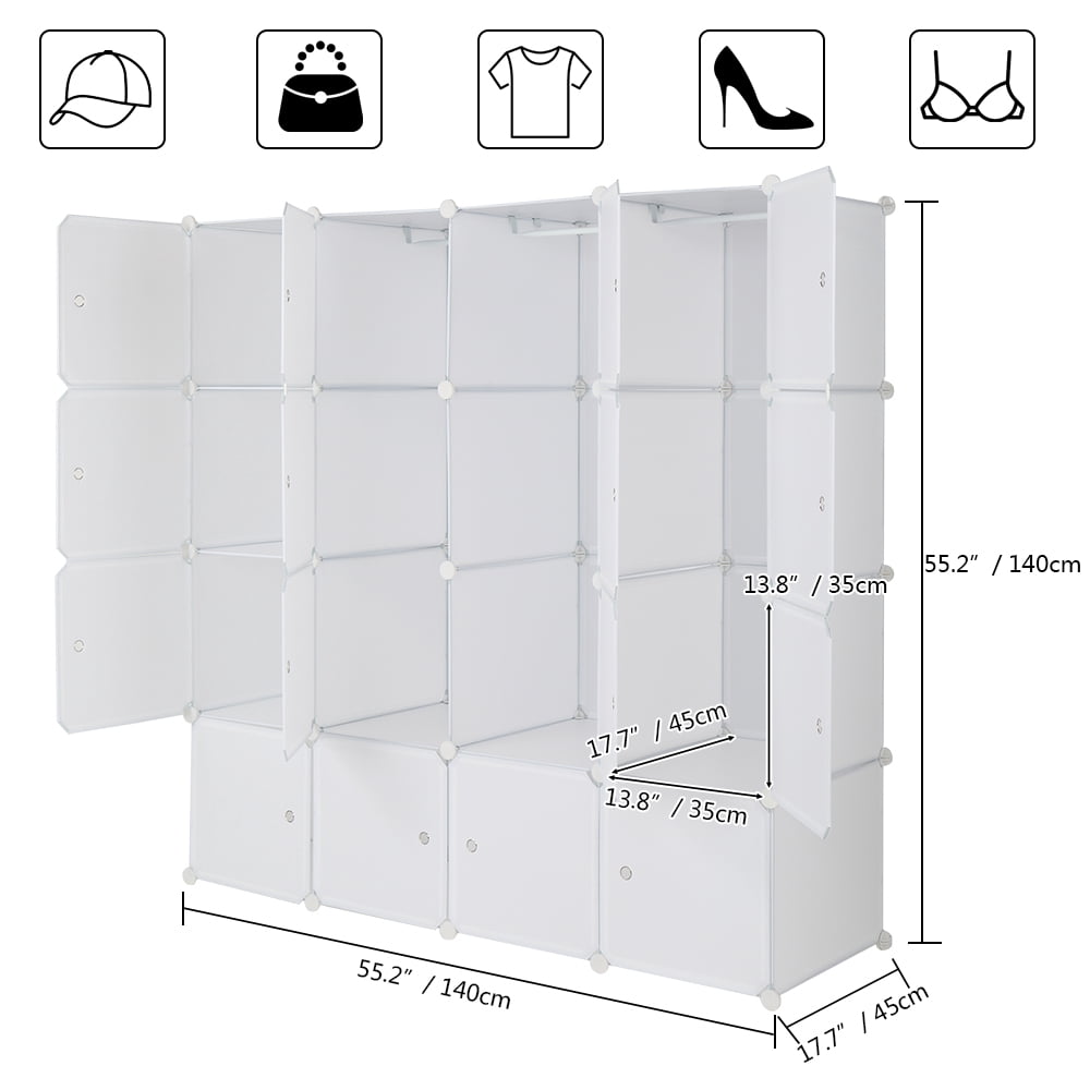 4-layer 16 Cube Organizer Stackable Cube Storage, Plastic + Steel Wire with 3 Clothes Rails, Free to Assemble, White