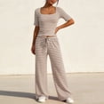 thumbnail image 3 of Pounoo Women's Loungewear Sets Ribbed Square Neck Stripe Short Sleeve Top And Wide Leg Pants Two Piece Outfits Daily Wear Soft Stretchy Comfortable Loungewear Gift, 3 of 6
