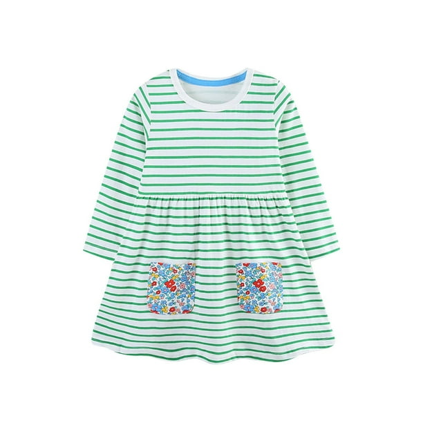 Odeerbi Niñas Vestido Floral Primavera Otoño Algodón Rayas Cuello Redondo Manga Larga Vestido Suelto