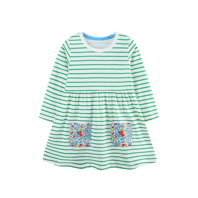Robe pour Bébé Fille, Longue Robe à Manches, Robe Polyvalente à Rayures et Fleurs pour Filles à Col Rond et Manches Longues, Robe Décontractée Ample, Robe d'Anniversaire pour Fille, Robe d'Été Décontractée