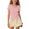thumbnail image 2 of oelaio Girls Summer Outfits Cute Bow 2 Piece Sets Ruffle Short Sleeve Criss Cross Top and Bubble Shorts Casual Lounge Set Kids Back to School Clothes Pink 8 Years, 2 of 9