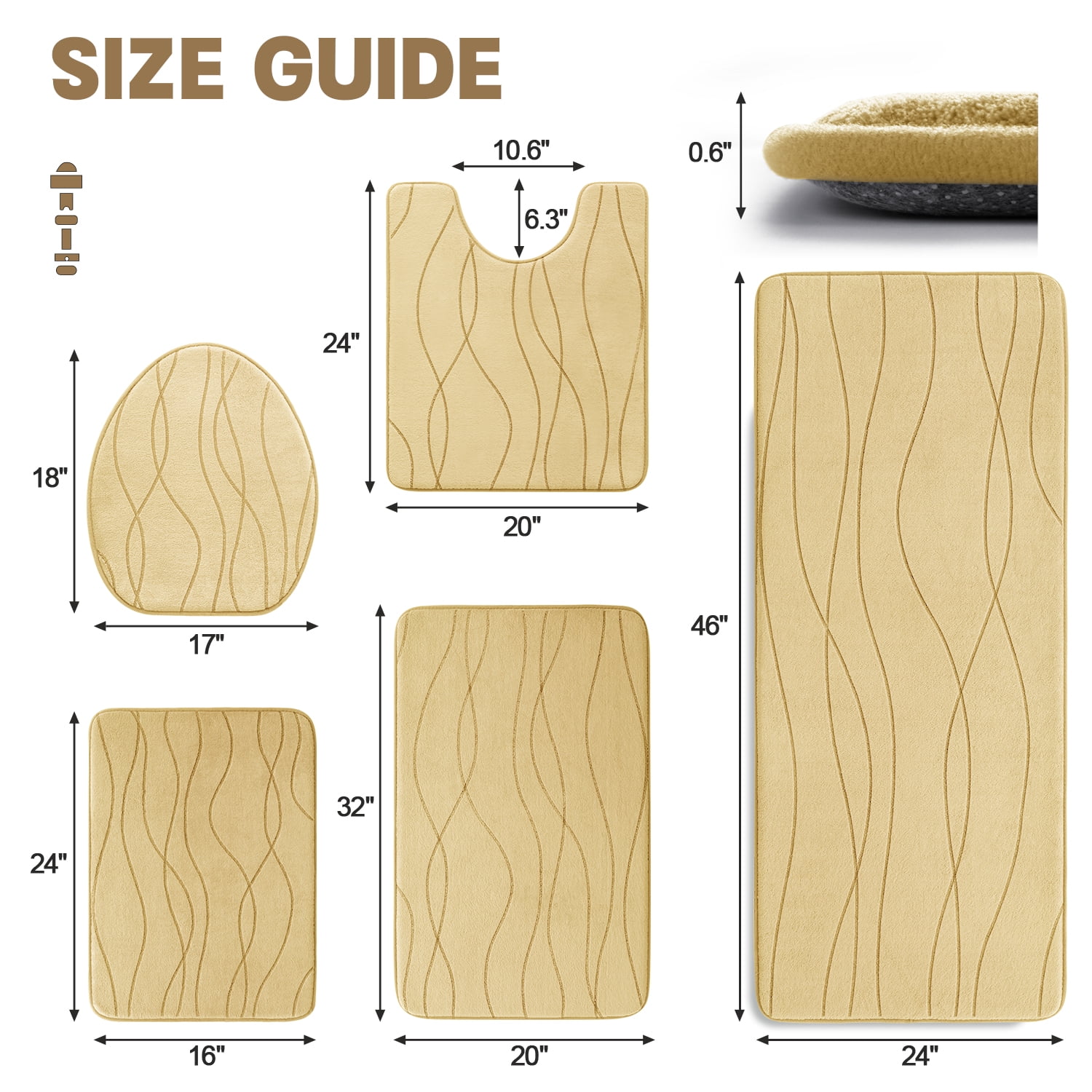 ChakmeOne Bathroom Rugs Sets 5 Piece, Beige Bathroom Rug Soft Absorbent Microfiber Bath Mats and U-Shaped Contour Toilet Rug, Non-Slip Machine Wash Dry for Floor Tub and Shower