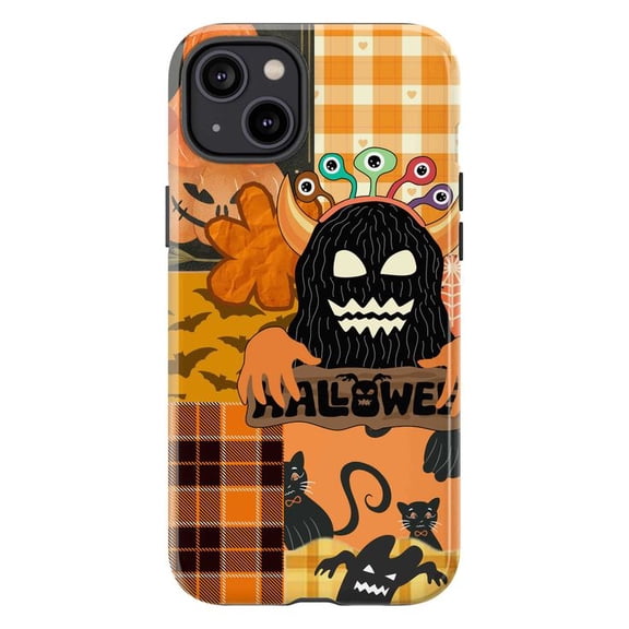 Halloween Monster Patchwork Phone Case, Cute Spooky Fall Design with Bats & Cats, iPhone Cover for iPhone 16 15 14 13 12 11 Pro Max Mini