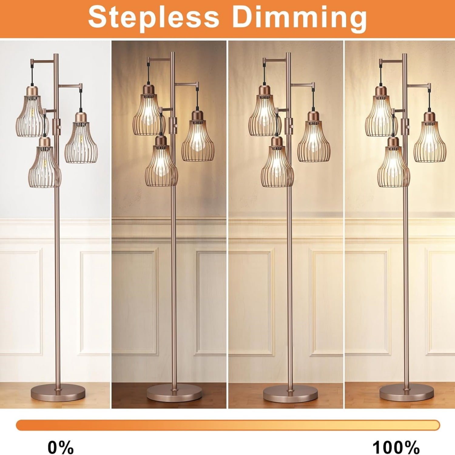 Floor Lamps for Living Room, Industrial Tree Standing Tall Lamps with 3 Elegant Cage Shade & 800 Lumens LED Bulbs for Bedroom Office - Brown