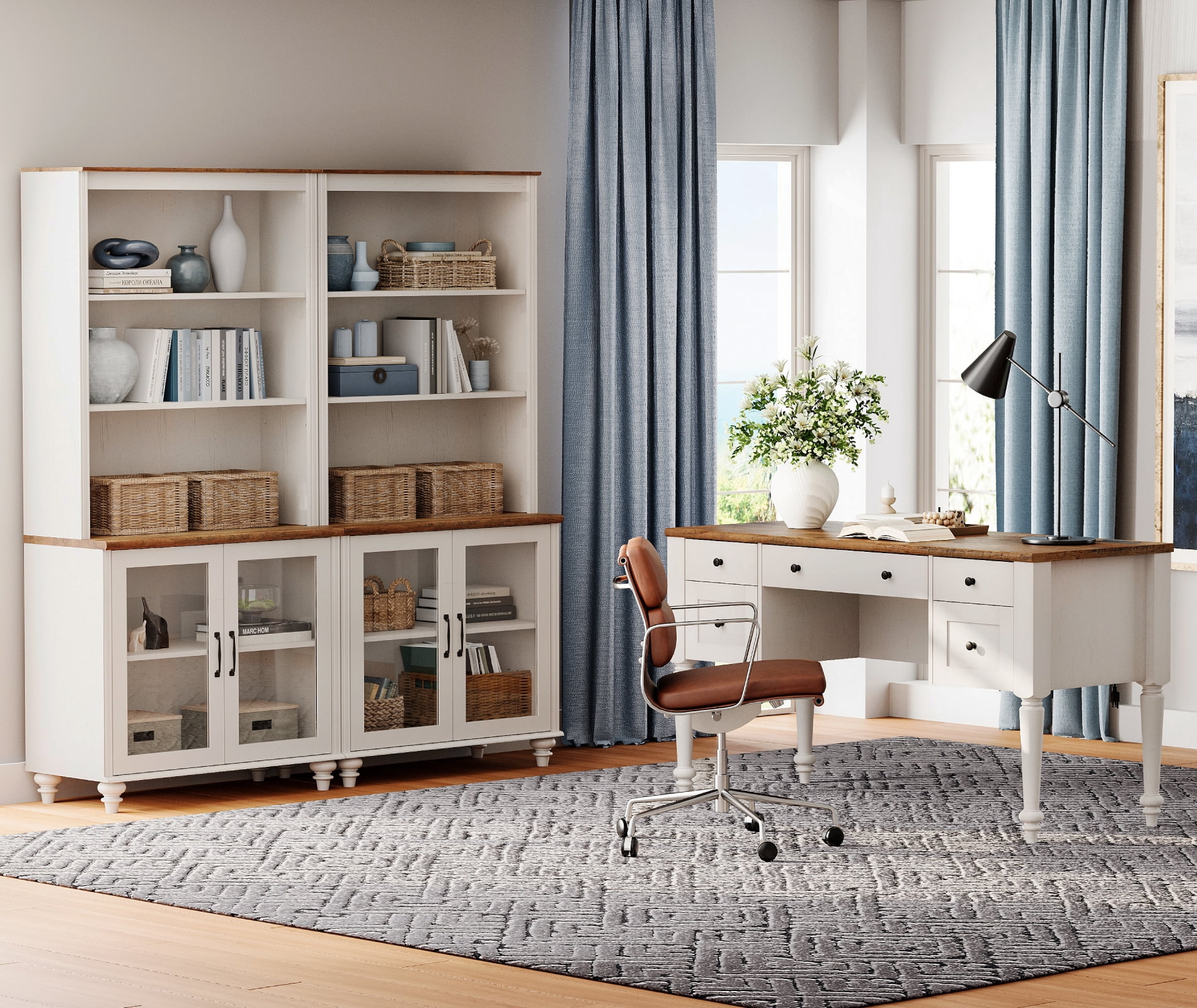 White Home Office Furniture Set, 56" Executive Desk with Charging Station, 72" Tall Bookcase with 4 Glass Doors, Wood Computer Desk with File Cabinet Storage, Open Shelf