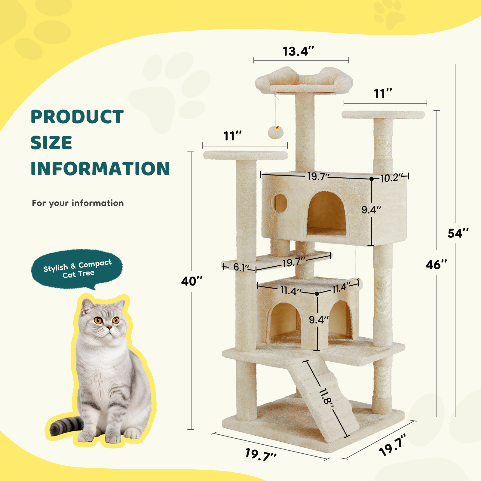 MCQ 54" Cat Tree Tower Multi-level with Scratching Post, Large Condo for Indoor, Beige