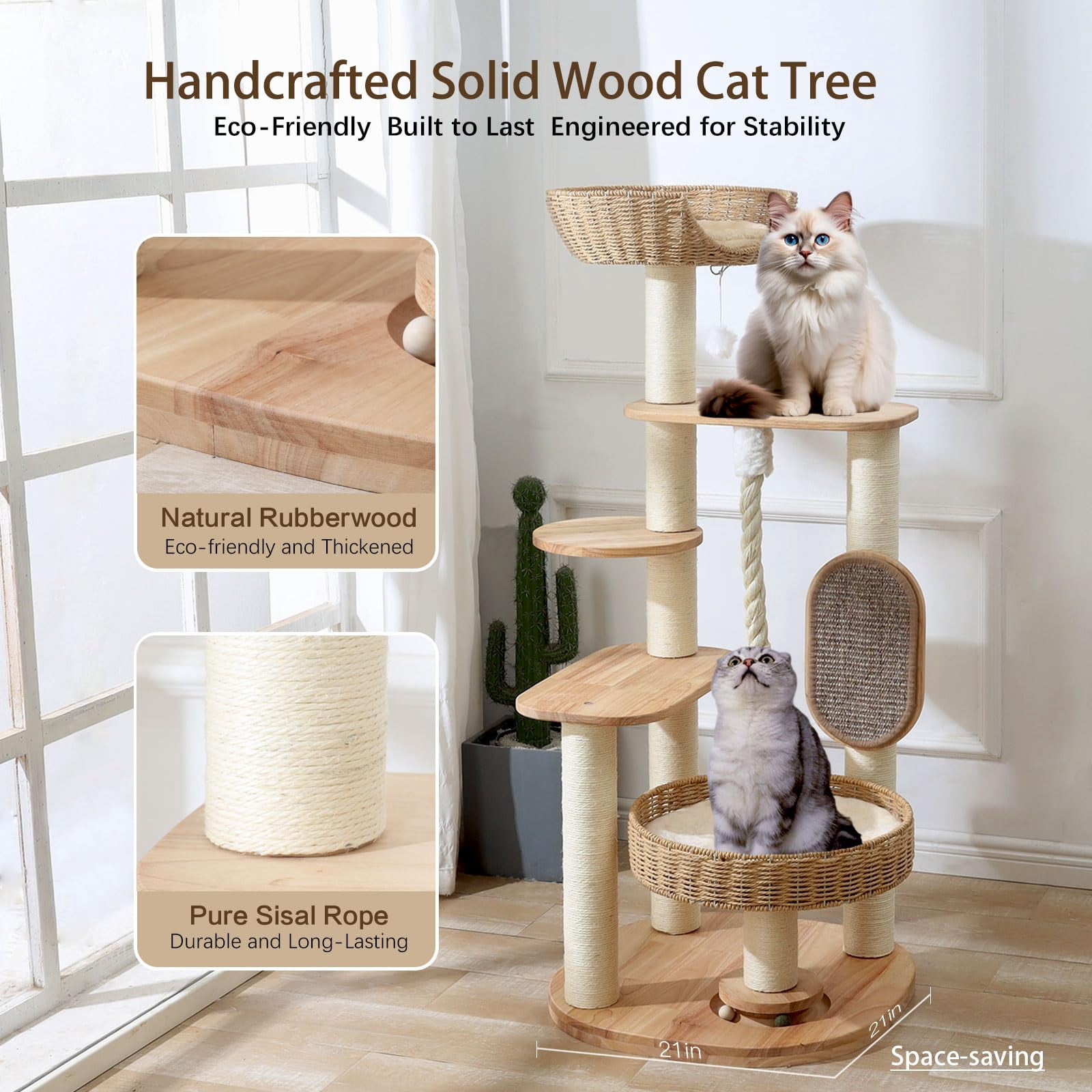 Wooden Cat Tree For Large  49.6in Tall Tower With Indoor Cats Multi-level Condo Hand-woven Bed And Board Easy To Clean