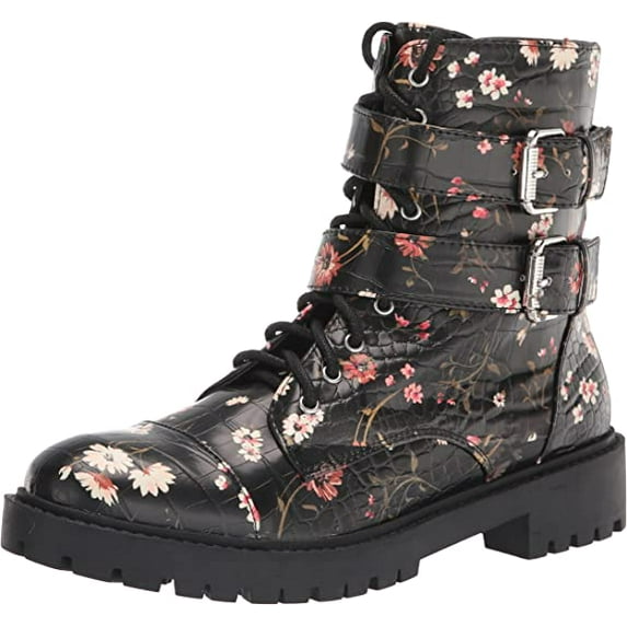Jessica Simpson Kerina Black Multi Block Heel Lace Up Combat Moto Ankle Boots (Black Multi, 8.5)