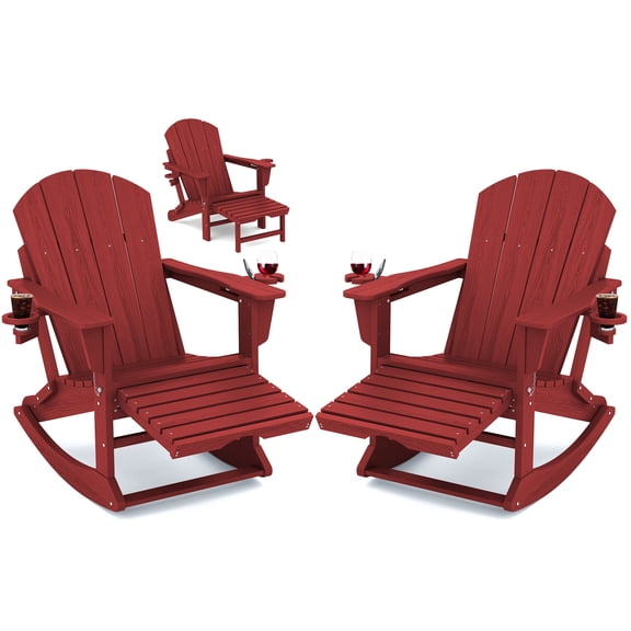 KINGYES Adirondack Rocking Chair Set of 2 with Retractable Ottoman and Cup Holders, HDPE Adirondack Rocker Patio Rocking Chair for Porch, Patio, Balcony, Red