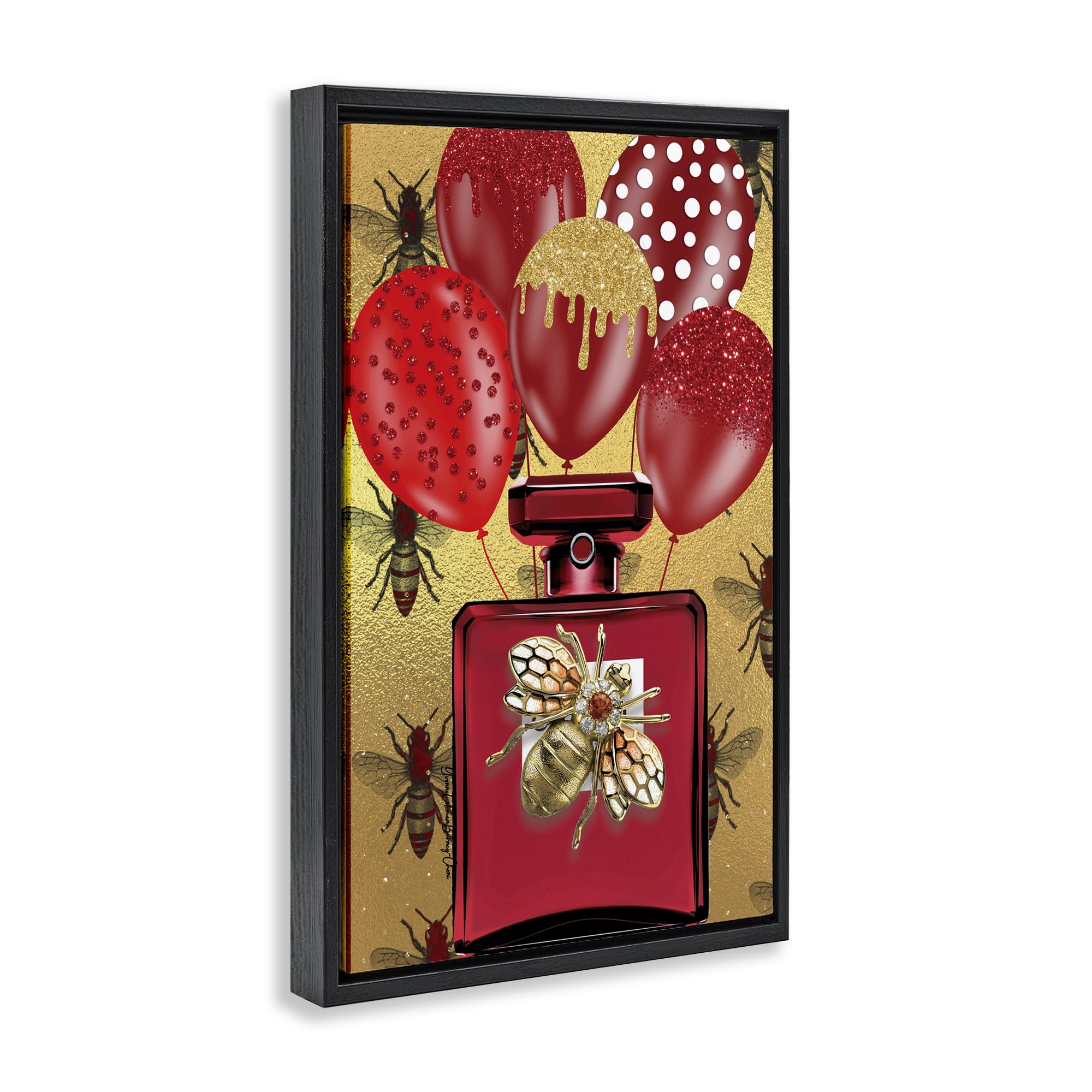 Stupell Industries Glam Red Bee Perfume Fashion Painting Black Floater Framed Canvas Art Print Wall Art, 17 x 25