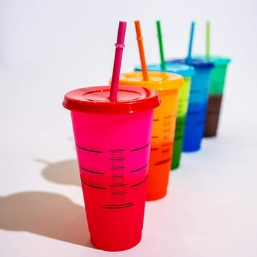Triani Plastic Cups with Lids and Straws for Adults - 5 Reusable Cold Cups in Bright Colors, 24oz Color Changing Cups Iced Coffee Cup,Smoothie Cups，Multicolour