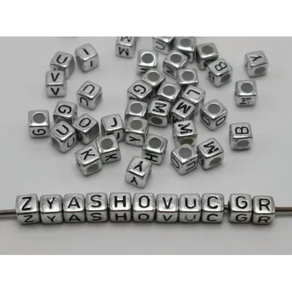 EOEMY 250 Assorted Alphabet Letter Acrylic Cube Pony Beads 6X6mm Jewelry Kids Craft-3-5# Metallic Silver Color