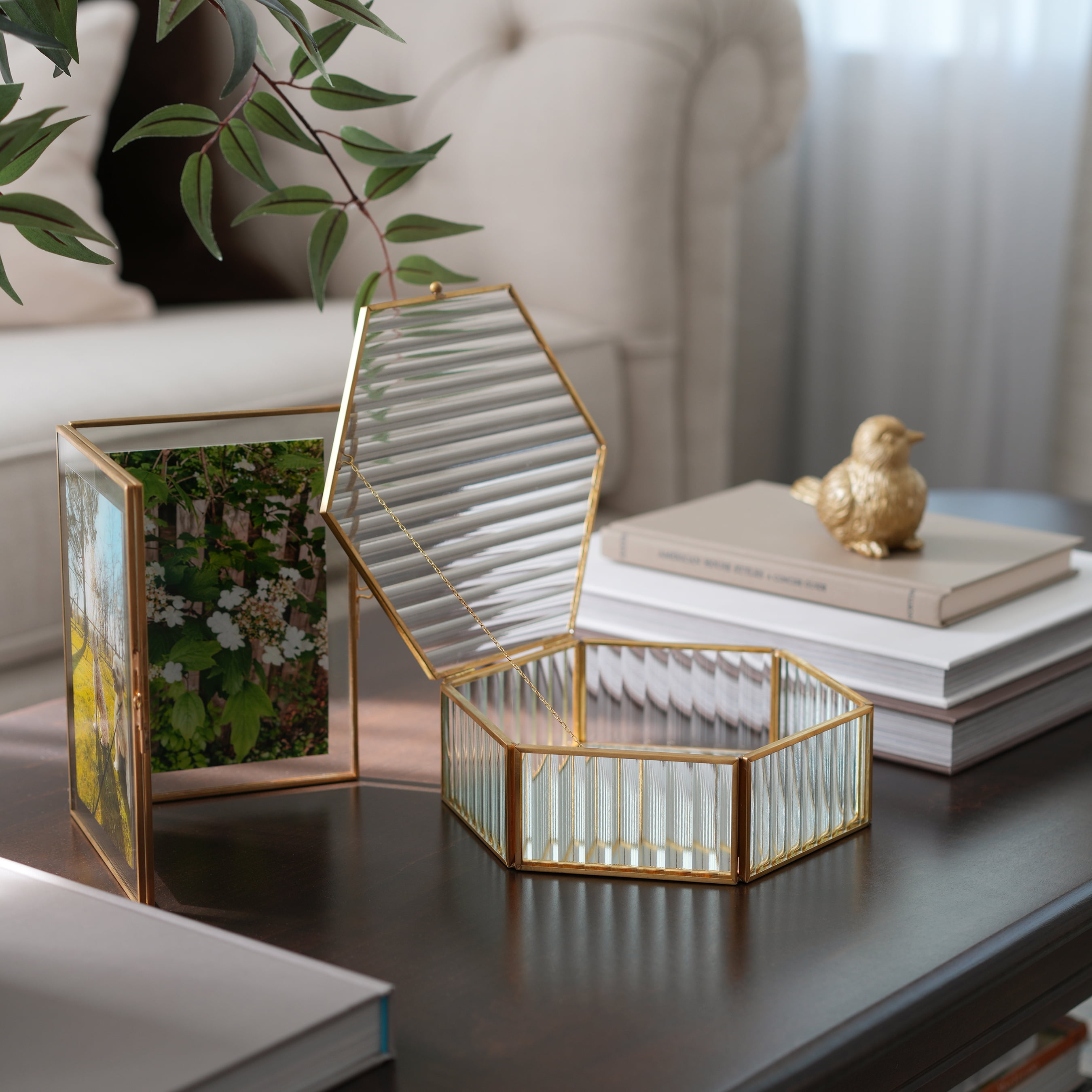 Hexagon Ribbed Clear Glass and Brass Hinged Top Jewelry Box