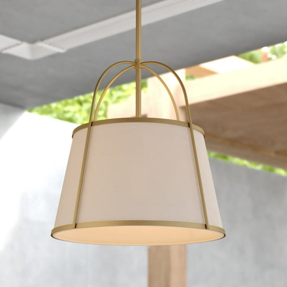Marion 1-Light 15 in. Wide Mystic Gold Mid-Century Modern Cone Pendant with White Linen Shade, Adjustable Height, Hanging Ceiling Chandelier Fixture for Dining Table Entryway Bedroom Island Foyer