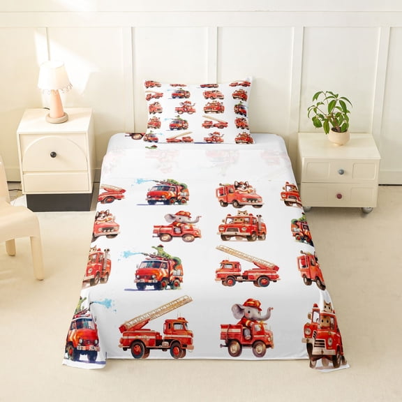 Castle Fairy Watercolor Fire Truck Twin Sheet Sets 3pcs for Teens, Animal Driver Print Bedding for Toddler Bedroom, Red White