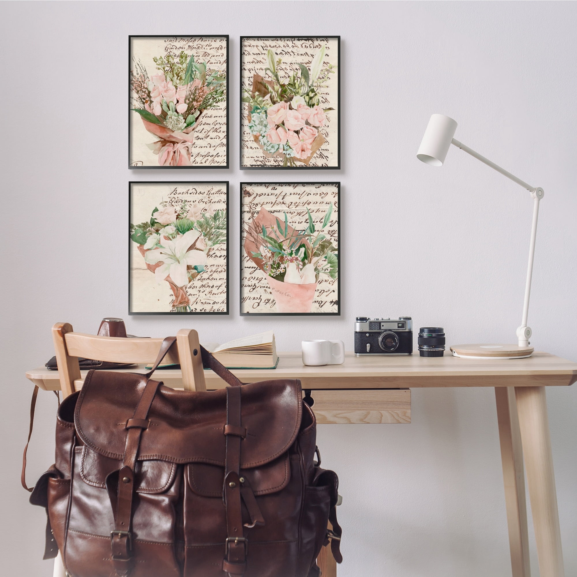 Stupell Indtries Quaint Pink Flowers Green Leaves Vintage Brown Script,11 x 14,Design by Melissa Wang