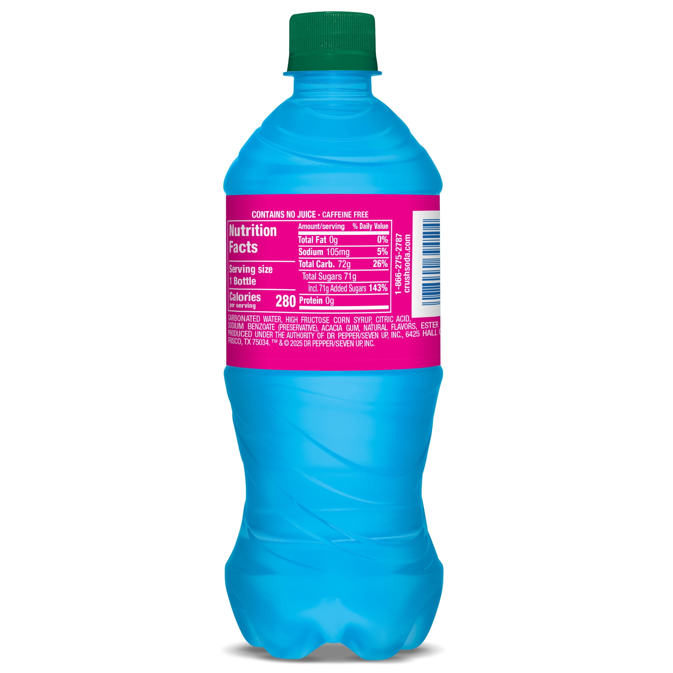 Crush Caffeine Free Back to the 80's Electric Blue Razz Soda Pop, 20 fl oz, Bottle