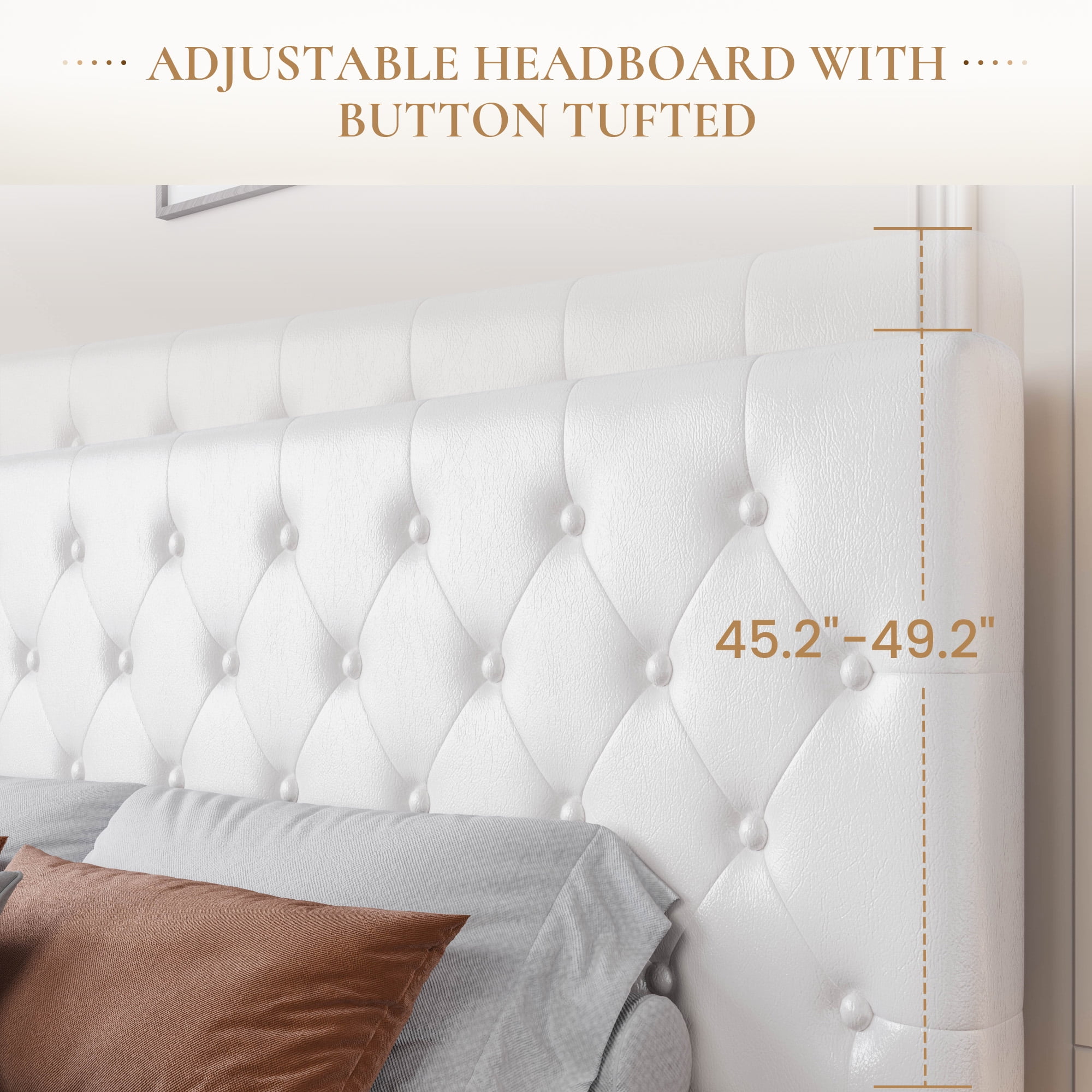 Sha Cerlin White Full Size Platform Bed Frame with Adjustable Leather Tufted Headboard, Mattress Foundation