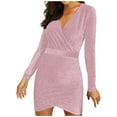 thumbnail image 1 of Heliisoer Robe Femme Mode Couleur Unie Col en V Paillettes Manches Longues Soirée Mini, 1 of 9
