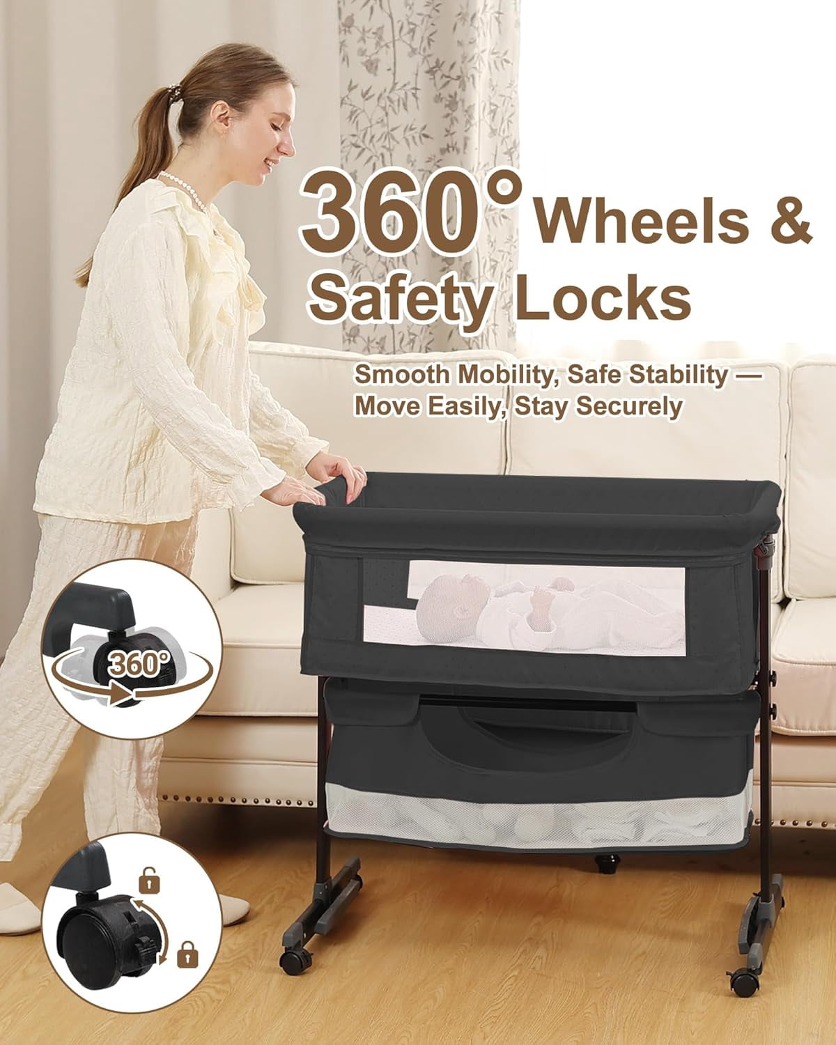 Baby Bassinet Bedside Sleeper - 3 in 1 Adjustable Height Bedside Bassinet with Breathable Mesh, Wheels & Storage Basket and Bag, Portable Folding Baby Cradle for Infants & Newborns, Black
