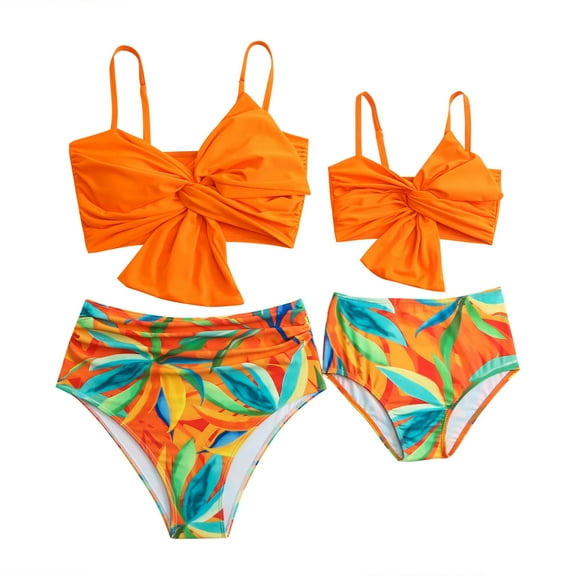 Odeerbi Mommy and Me Swimsuits Bow Two Piece Bikini Set for Women Parent-Child Swimwear Set Adult Beachwear Orange