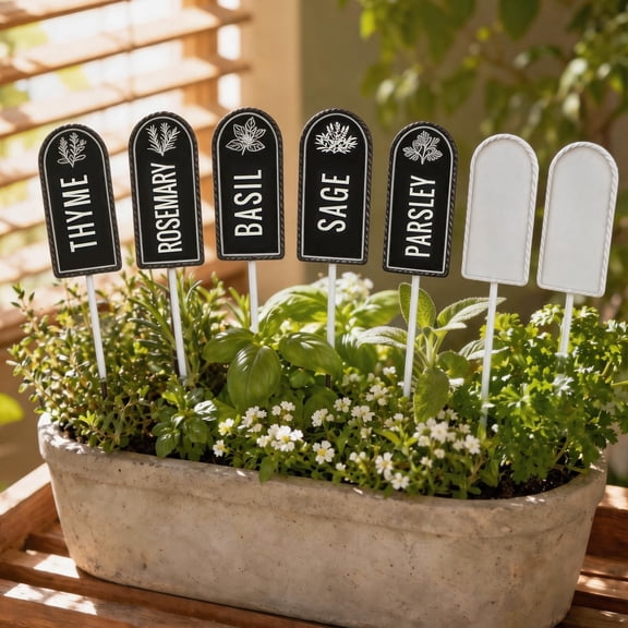 The Growing Ground 7 Pack Herb Garden Stakes, Metal Plant Markers with Sage, Thyme, Rosemary, Parsley, Basil Plus 2 Blank White DIY Stakes, Black