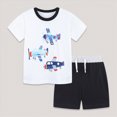 thumbnail image 2 of NOLDARES Baby Boy Summer Clothes 2pcs Crewneck Short Sleeve Shirt Cotton Shorts Dinosaur Truck Print Outfits(White,3-4 Y), 2 of 9