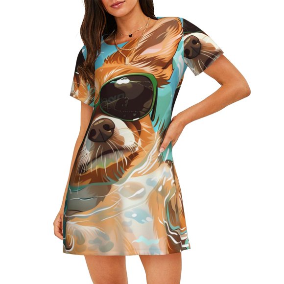 Bixox Funny Swimming Chihuahua Pattern Women's Nightgown, Soft & Breathable Sleepwear, Round Neck Knee-Length Pajama Dress,Loungewear for Home & Sleep