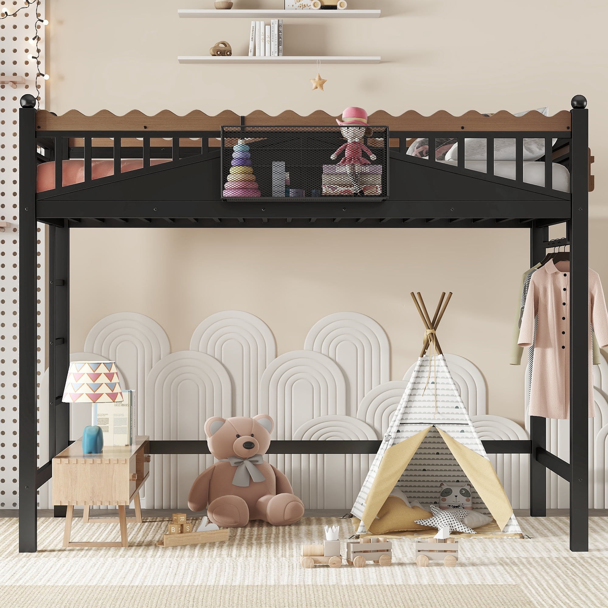 Twin XL Size Loft Bed with Ladder & Bookshelf, Metal Loft Bed Frame with Storage Shelves, Space-Saving Loft Bed for Dorms, Small Bedroom, Black