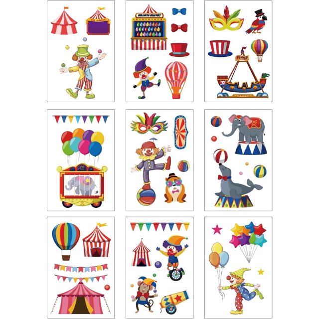 9 hojas de pegatinas para ventanas con diseño de animales de circo, carnaval, payasos y parques de atracciones, resistentes al agua.