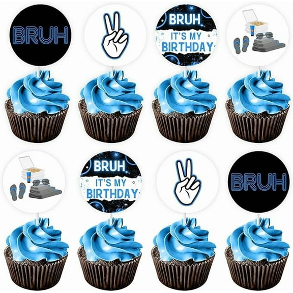 Bruh It's My Birthday Cupcake Toppers - 24 Pcs, Blue Black, Double Sided, Birthday Occasion