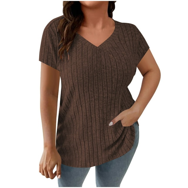 VSSSJ Women's Plus Size Ribbed Knit Short Sleeve Tops Loose Fit V Neck Summer Texture Solid Color Lightweight Tee Blouse Coffee XXL