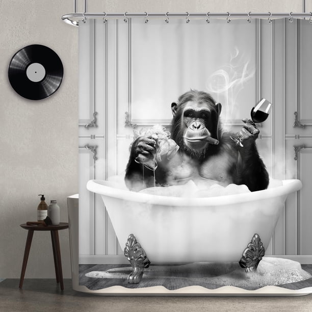 Newsely Divertida cortina de ducha de mono, 59.8 x 71.7 in, chimpancé en bañera, negro, blanco, animal, vida silvestre, niños, hombres, cortina de ducha, juego de baño, moderno, fresco, impermeable, a