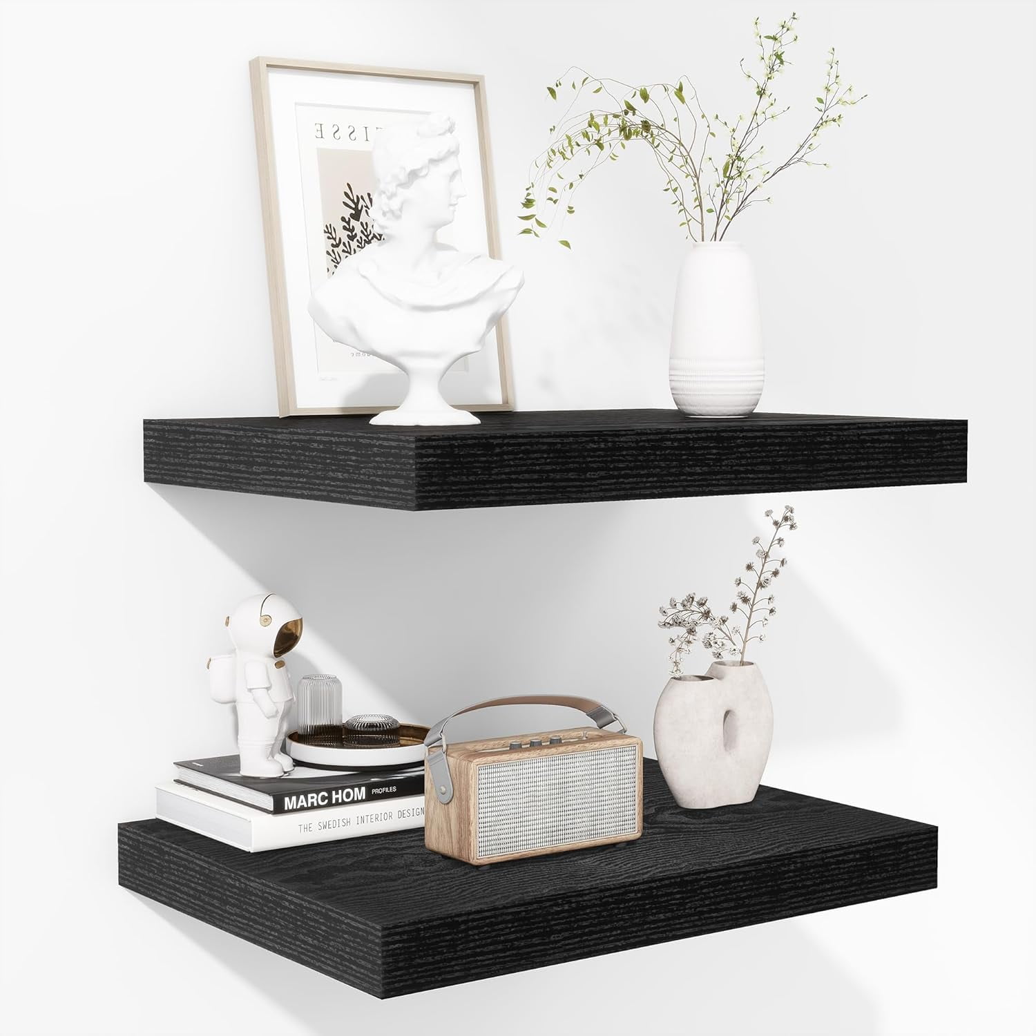 Floating Shelves - 2 Pack 12 Inch Deep Rustic Wooden Wall Shelves - Extra Deeper & Thicker Wall Mounted Storage Shelf for Kitchen, Farmhouse - 16" W x 12" D x 1.5" H - Rustic Black