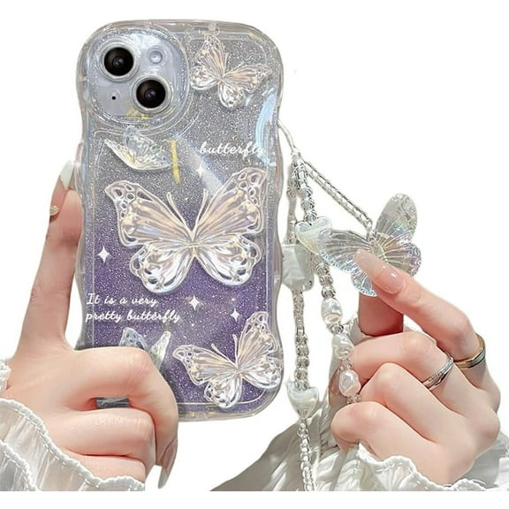 Designed for iPhone Case,Luxury Glitter Water Wave Frame Butterfly Silicone with Hand Bracelet Shockproof Protective Cover Phone Case (iPhone 16 Pro,Purple)