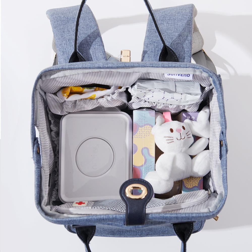 Sunveno Easy Open Diaper Bag Backpack with Insulated Pockets, Stroller Straps and Changing Pad, Blue