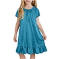 thumbnail image 3 of THDHVS Girls Summer Dress,Girls Solid Puff Short Sleeve Ruffle Hem Dress Round Neck Casual Sleepwear Summer, 3 of 10