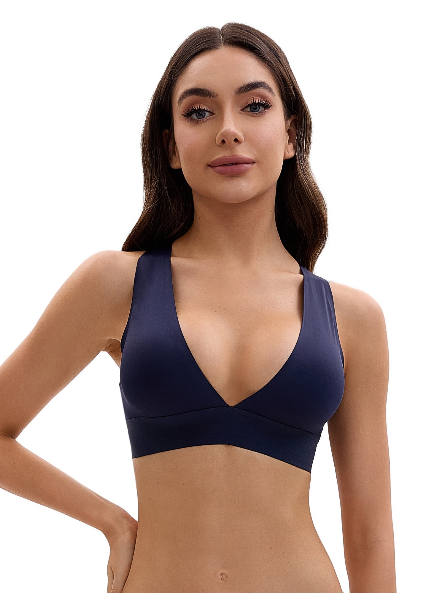 Unique Bargains Women's Deep V Wirefree Comfortable Plunge Bras M Dark Blue