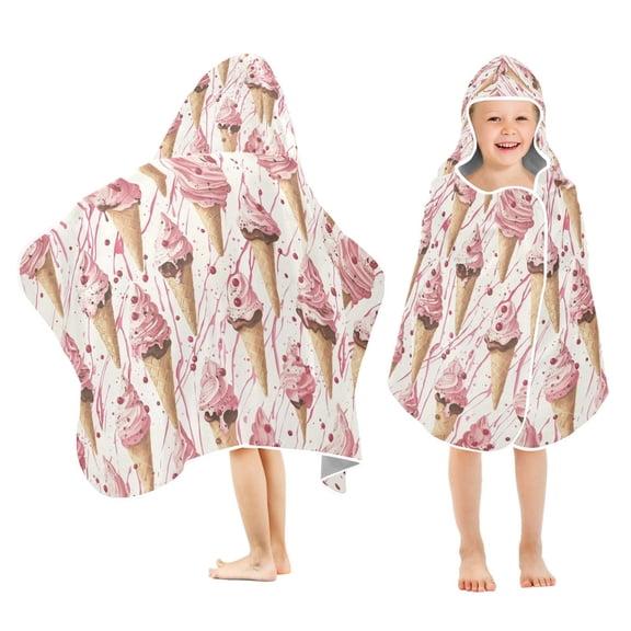 Yayeee Kids Hooded Towel with Hand Pockets Beach Soft Absorbent Bath Wrap 50 x 23.5 inch, Pink Ice Cream Pattern