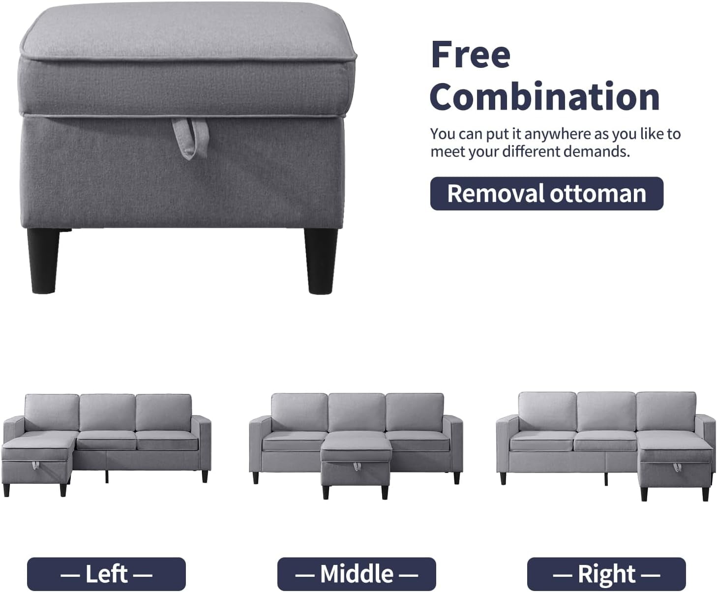 ijuicy Sectional Sofa Set,3PCS Living Room Furniture Couch Sets with Movable Storage Ottoman,Include Sofa&Loveseat&Chair, Light Gray