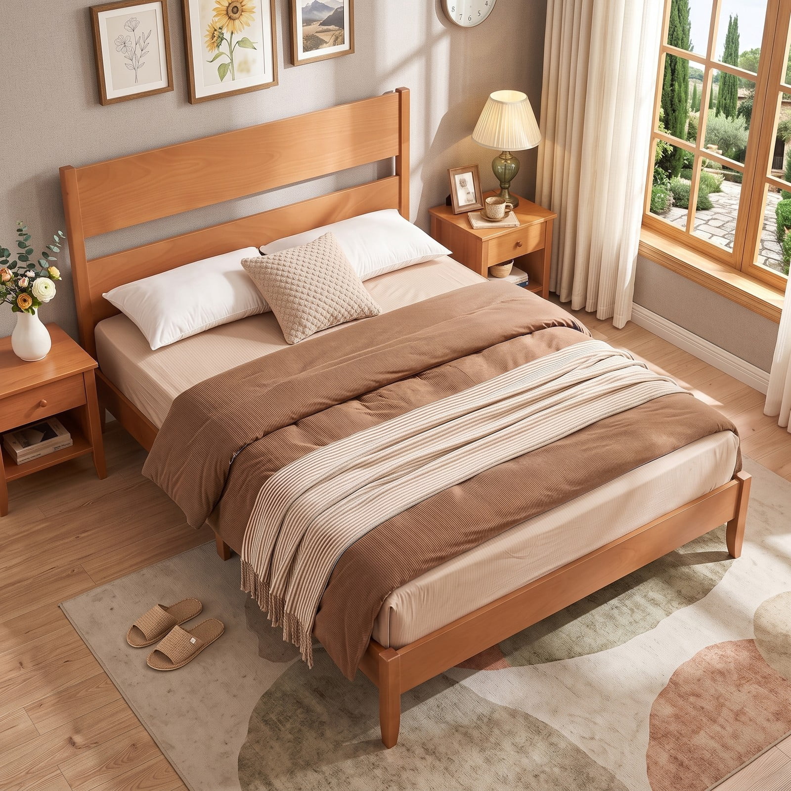 Furnibear Queen Bed Frame, Wood Platform Bed Frame with Headboard, Low Profile Queen Size Bed Frame with 12 Slat Support for Bedroom, Warm Brown