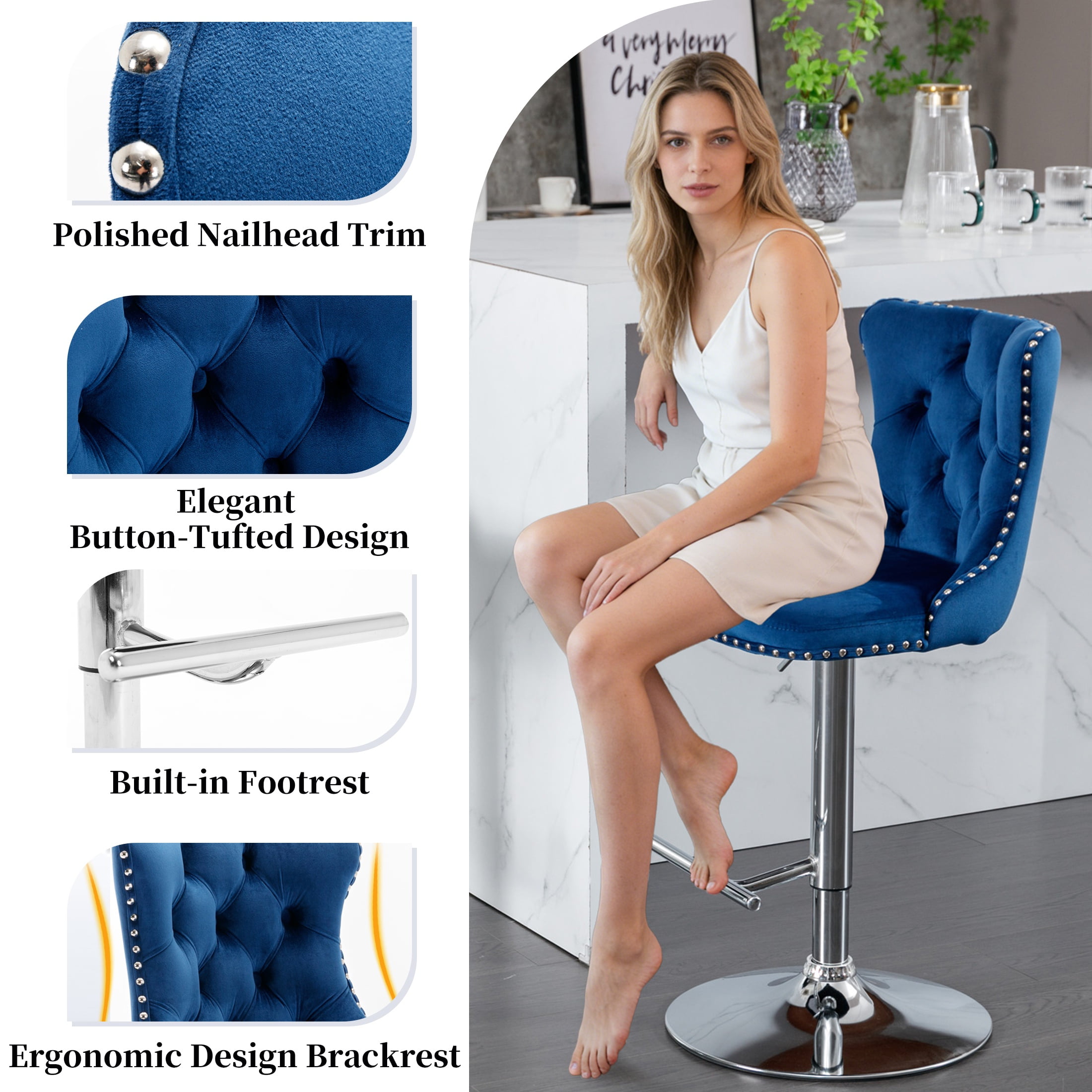 PAPROOS Bar Stools Set of 4, 360°Velvet Swivel Barstools with Backs, Chrome Base, Adjustable Seat Height from 25-33 inch, Counter Height Bar Chairs for Kitchen Island, Home Bar, Blue