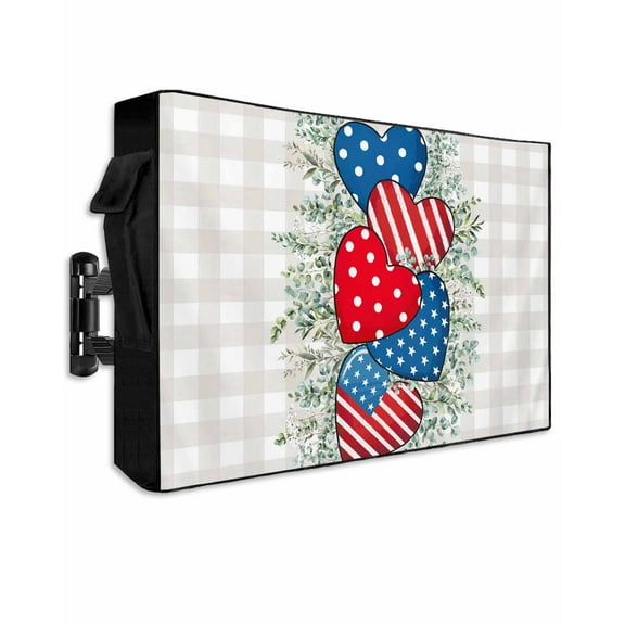 Red Blue Love Heart Outdoor TV Cover 30 to 32 Inch Weatherproof, Green Eucalyptus Leaf Gray Plaid 600D Oxford TV Covers with Waterproof Zipper, Outside Flat TV Screen Protector Size 30"Wx19"Hx4.5"D