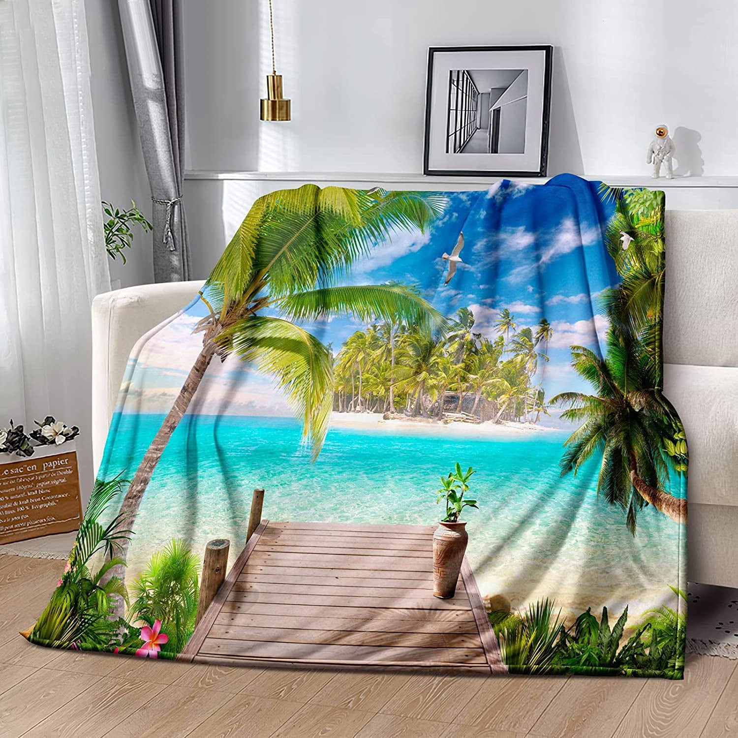 Ocean Beach Flannels Blanket,Tropical Palm Tree Hawaii Ocean Throw Blanket Super Soft Sunshine Beach Coastal Nature Themed Four Seasons Blanket(Ocean Blankets 3002-60"x50")