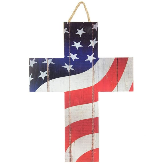 Patriotic American Flag Cross Sign - 13" x 10", Christmas, Wooden Wall Decor, President's Day, Memorial Day, 4th of July, USA