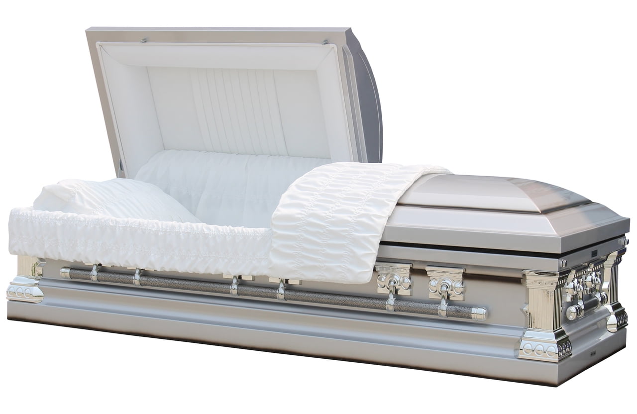 Overnight Caskets, Funeral Casket. Knight Silver With White Interior