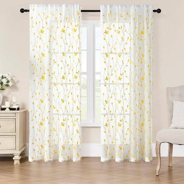 Leaf Embroidered Sheer Curtains | Translucent Polyester Window Valance with Vintage Leaf Pattern | Light Filtering Decorative Curtain for Bedroom, Living Room, Bathroom