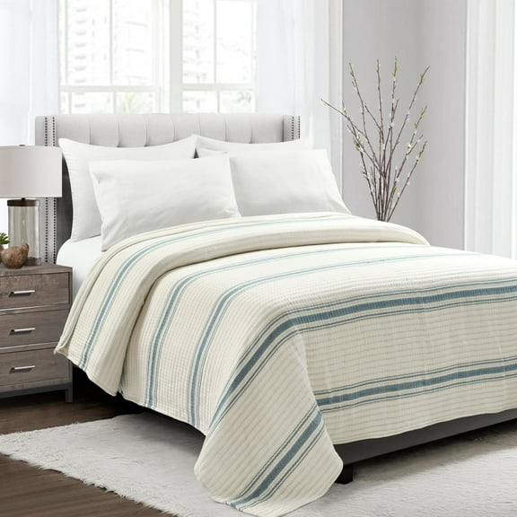 Lush Decor 100% Cotton Farmhouse Stripe Kantha Pick Stitch Yarn Dyed Cotton Woven Quilt/Coverlet Blue Single Full/Queen