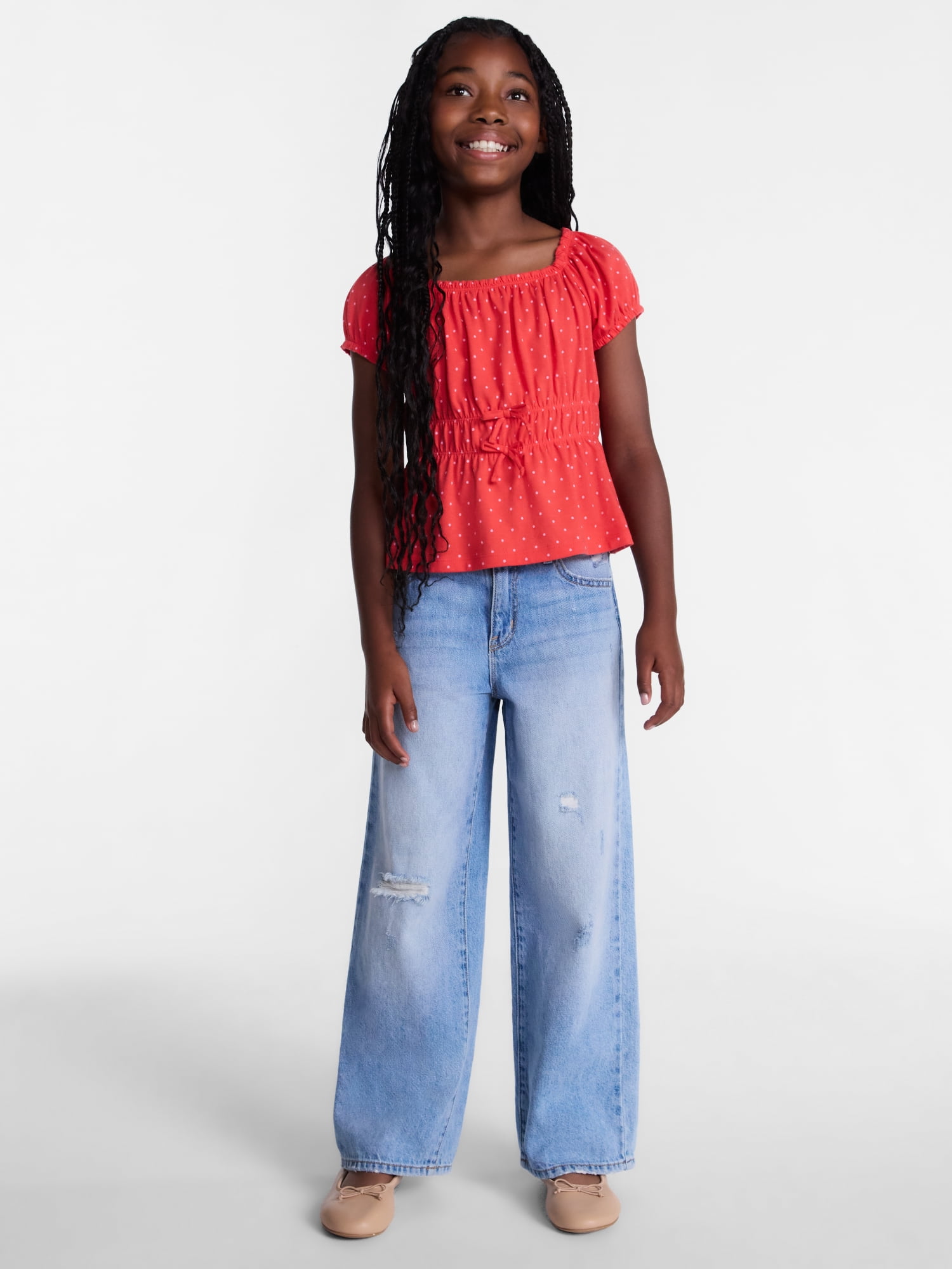 Wonder Nation Girls' Bow Front Peasant Top with Short Puff Sleeves, Sizes 4-18 & Plus